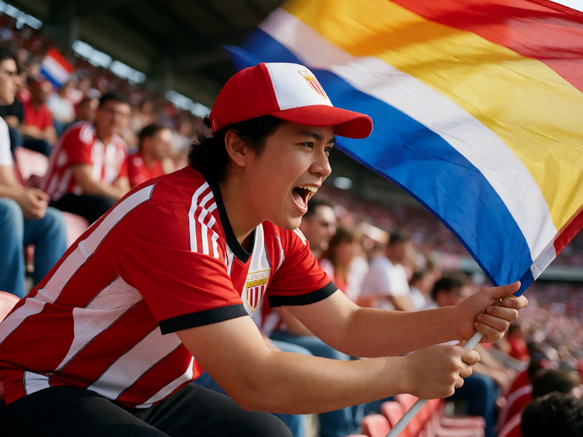 球迷在看台上欢呼庆祝，挥舞旗帜为球队加油助威